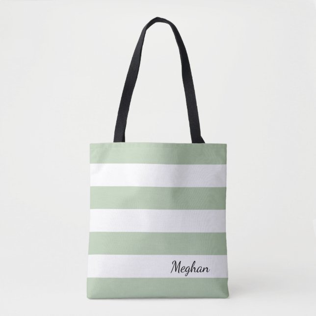 Personalised Greyed Jade and White Striped Tote (Front)