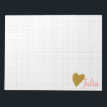 Personalised Grid Graph Paper Gold Heart Notepad<br><div class="desc">A simple modern minimalist design combining your name plus a cute faux glitter gold heart and a grid in pale grey. Just click customise to add additional text or pictures. Contact me with any questions or requests.</div>