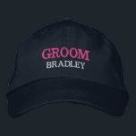 Personalised Groom Bachelor Party Custom Embroidered Hat<br><div class="desc">Add a name and the role to play at the wedding by clicking the "Personalised" button. This chic and stylish cap serves as the perfect memento of a memorable getaway with your favourite buddies. The front of the cap showcases a captivating sports-inspired "Groom" typography that perfectly captures the fun and...</div>