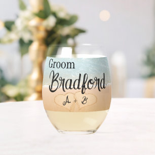 Personalised Groom Beach Wedding Hearts in Sand Stemless Wine Glass
