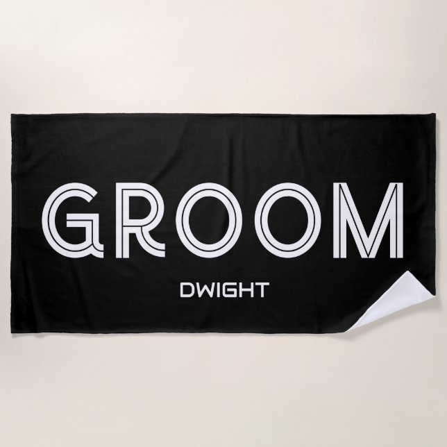 Personalised Groom Black White Modern Wedding Beach Towel (Front)