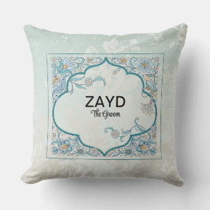 Personalised Groom Cushion Blue Arabesque Floral