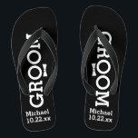 Personalised Groom Wedding - Pick Your Colour Thongs<br><div class="desc">Celebrate your wedding day celebration in comfort with these personalised flip flops. Customise with the groom's name and wedding date. The background is black, however you can change the colour by clicking on Customise It. Because of the white text you'll need to pick a dark colour background. They're great for...</div>