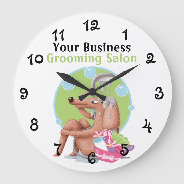Personalised Grooming Salon Dog And Bubbles Large Clock (Front)