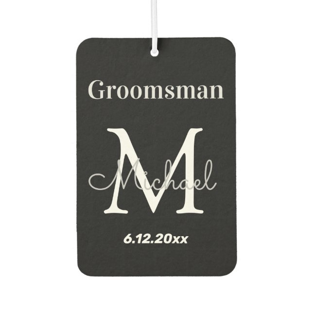 personalised  groomsman, black and white monogram car air freshener (Front)