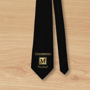 personalised groomsman gold script black Neck Tie