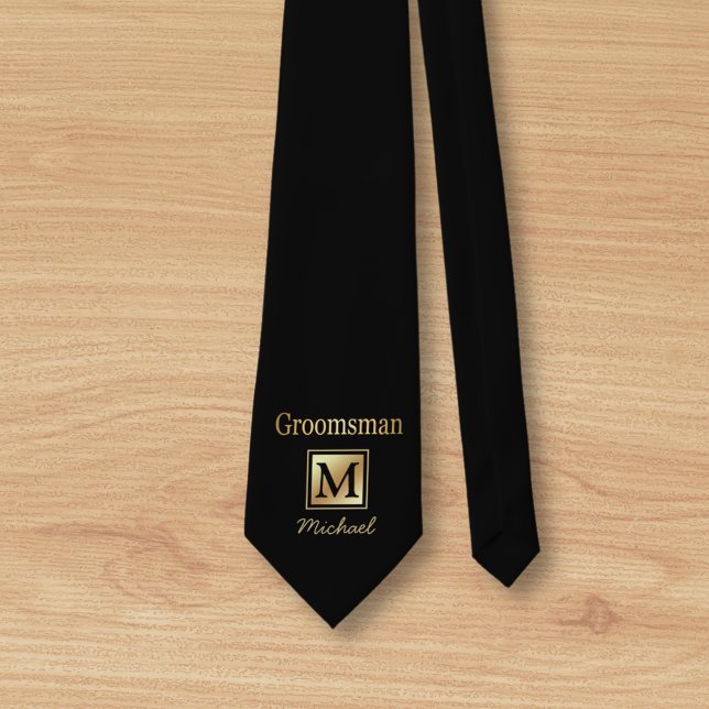 personalised groomsman gold script black Neck Tie (Creator Uploaded)