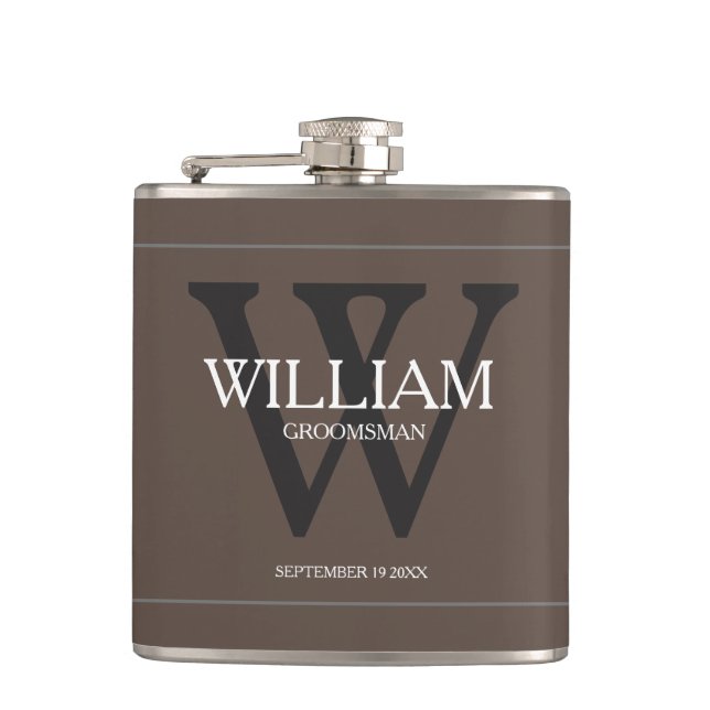 Personalised Groomsman Name Tan Wedding Flask (Front)