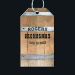 Personalised Groomsman Whiskey Barrel Gift Tags<br><div class="desc">Thank your groomsmen with this rustic whiskey barrel design featuring bold western typography. Personalise this design with your groomsman name and wedding date. Makes a great gift tag.</div>