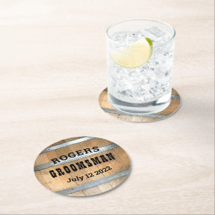 Personalised Groomsman Whiskey Barrel Round Paper Coaster