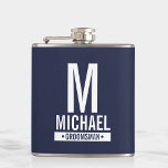 Personalised Groomsman's Monogram and Name Flask<br><div class="desc">Modern Minimalist Personalised Monogram and Name Gifts
This design features personalised groomsman's monogram,  name and title in white modern bold sans serif font style on navy blue background.

Also perfect for best man and more.</div>