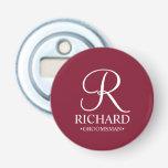 Personalised Groomsman's Name and Monogram Bottle Opener<br><div class="desc">Elegant Personalised Groomsman Gifts
featuring personalised monogram in white elegant script font style with groomsman's name and title in classic serif font style on burgundy red background.

Also perfect for best man,  father of the bride,  bridesmaid,  maid of honour,  flower girl,  mother of the bride and more.</div>