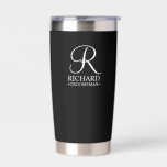 Personalised Groomsman's Name and Monogram Insulated Tumbler<br><div class="desc">Elegant Personalised Groomsman Gifts
featuring personalised monogram in white elegant script font style with groomsman's name and title in classic serif font style on black background.

Also perfect for best man,  father of the bride,  bridesmaid,  maid of honour,  flower girl,  mother of the bride and more.</div>