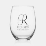 Personalised Groomsman's Name and Monogram Stemless Wine Glass<br><div class="desc">Elegant Personalised Groomsman Gifts
featuring personalised monogram in black elegant script font style with groomsman's name and title in classic serif font style.

Also perfect for best man,  father of the bride,  bridesmaid,  maid of honour,  flower girl,  mother of the bride and more.</div>