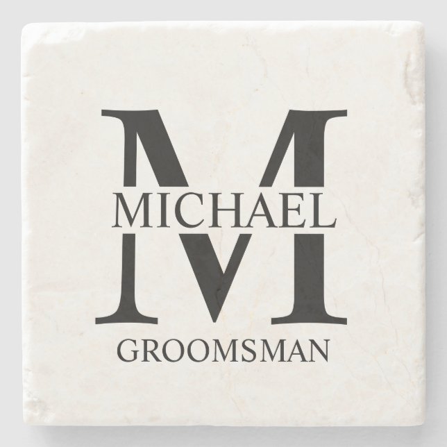 Personalised Groomsman's Name and Monogram Stone Coaster (Front)