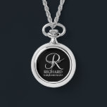 Personalised Groomsman's Name and Monogram Watch<br><div class="desc">Elegant Black and White Personalised Groomsman Gifts
featuring personalised monogram in white elegant script font style with groomsman's name and title in classic serif font style on black background.

Also perfect for best man,  father of the bride,  bridesmaid,  maid of honour,  flower girl,  mother of the bride and more.</div>