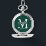 Personalised Groomsman's Name and Monogram Watch<br><div class="desc">Classic Personalised Groomsmen Gifts
featuring personalised groomsman's monogram,  name and title in white classic serif font style on emerald green background.

Also perfect for best man,  father of the bride and more.</div>