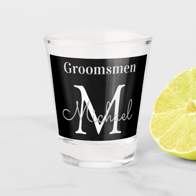 personalised  groomsmen black white shot glass (Front)