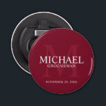 Personalised Groomsmen's name and monogram Bottle Opener<br><div class="desc">Add a personal touch to your wedding with personalised groomsmen bottle opener. This bottle opener features personalised groomsman's name with title and wedding date in white and monogram in light burgundy red as background, in classic serif font style, on burgundy red background. Also perfect for best man, father of the...</div>