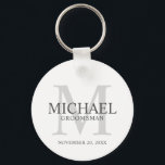 Personalised Groomsmen's name and monogram Key Ring<br><div class="desc">Add a personal touch to your wedding with personalised groomsmen keychain. This keychain features personalised groomsman's name with title and wedding date in grey and monogram in light grey as background, in classic serif font style, on white background. Also perfect for best man, father of the bride, ring bearer and...</div>