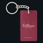 Personalised Groomsmen's name and Monogram  Key Ring<br><div class="desc">Add a personal touch to your wedding with personalised groomsmen keychain. This keychain features personalised groomsman's name in white classic script font style with wedding details in white classic serif font style and monogram in light burgundy red classic serif font style as background, on burgundy red background. Also perfect for...</div>