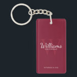 Personalised Groomsmen's name and Monogram  Key Ring<br><div class="desc">Add a personal touch to your wedding with personalised groomsmen keychain. This keychain features personalised groomsman's name in white classic script font style with wedding details in white classic serif font style and monogram in light burgundy red classic serif font style as background, on burgundy red background. Also perfect for...</div>