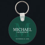 Personalised Groomsmen's name and monogram Key Ring<br><div class="desc">Add a personal touch to your wedding with personalised groomsmen keychain. This keychain features personalised groomsman's name with title and wedding date in white and monogram in light emerald green as background, in classic serif font style, on emerald green background. Also perfect for best man, father of the bride, ring...</div>