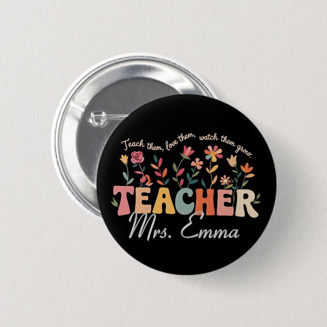 Personalised Groovy Flowers Teacher Custom Gift 6 Cm Round Badge (Front & Back)