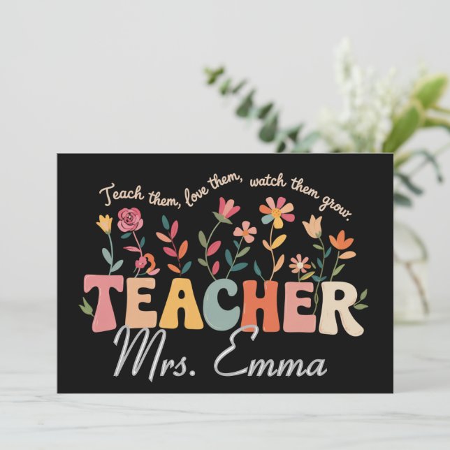 Personalised Groovy Flowers Teacher Custom Gift Invitation (Standing Front)