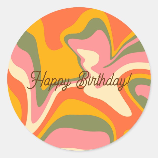 Personalised Groovy Retro Marble Orange Party Classic Round Sticker (Front)