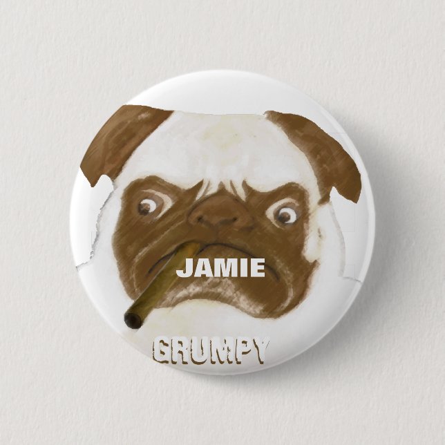 Personalised Grumpy AFICIONADO Puggy Cigar 6 Cm Round Badge (Front)