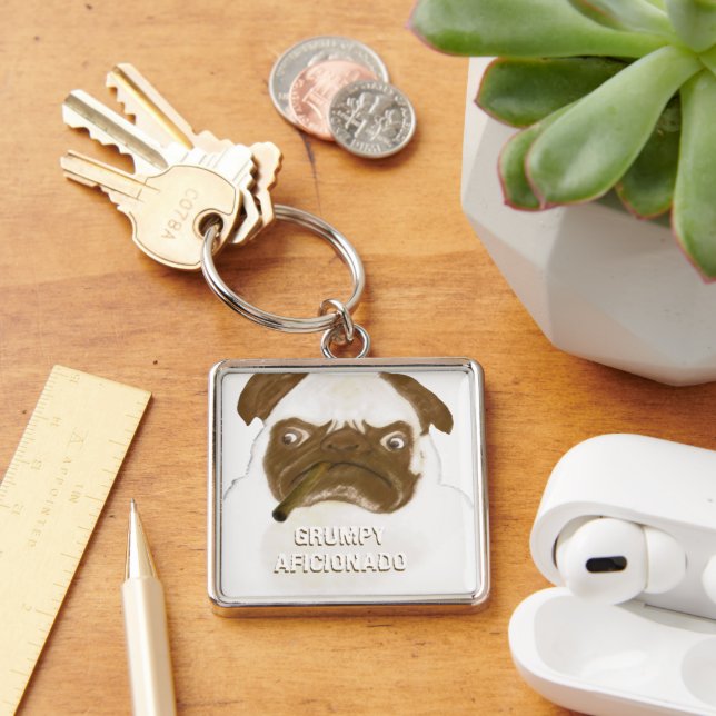 Personalised Grumpy AFICIONADO Puggy Cigar Key Ring (Desk)