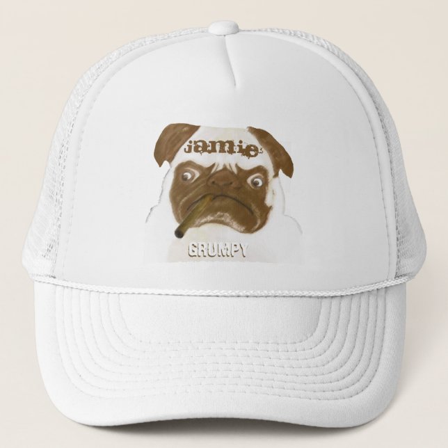 Personalised Grumpy AFICIONADO Puggy Cigar Trucker Hat (Front)