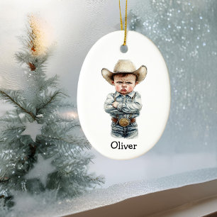 Personalised Grumpy Cowboy in Denim Outfit Ceramic Ornament