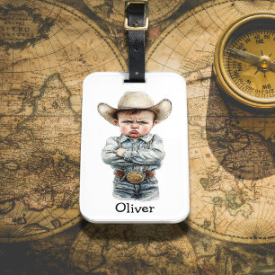 Personalised Grumpy Cowboy in Denim Outfit Luggage Tag