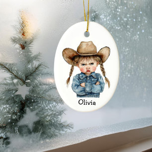 Personalised Grumpy Cowgirl in Denim Jacket Ceramic Ornament