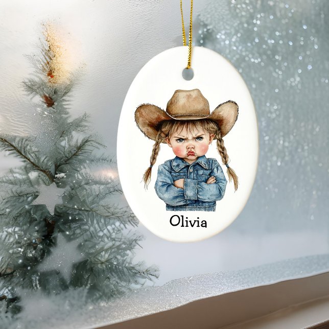 Personalised Grumpy Cowgirl in Denim Jacket Ceramic Ornament (Creator Uploaded)