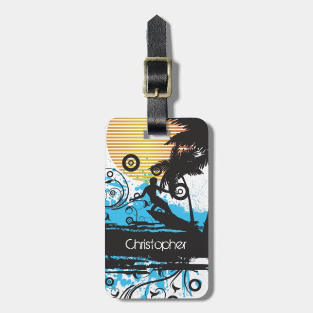 Personalised Grunge Surfing Tropical Beach Luggage Tag (Front Vertical)