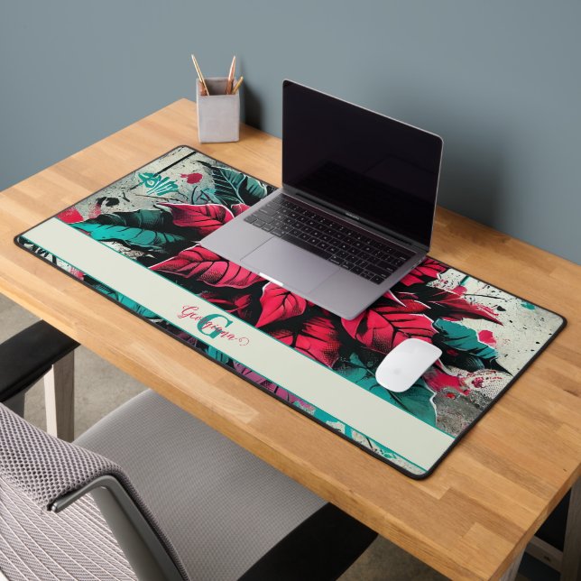 Personalised Grungy Poinsettia Floral Graffiti Desk Mat (Office 2)