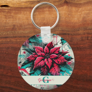 Personalised Grungy Poinsettia Floral Graffiti Key Ring