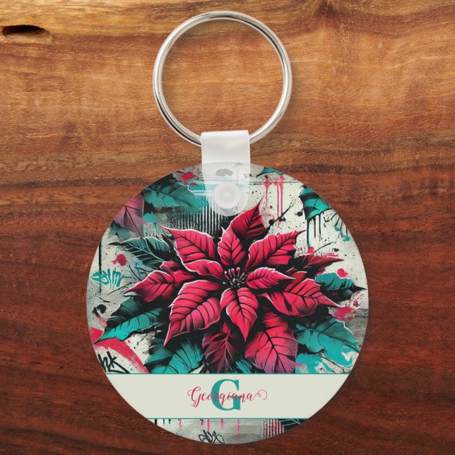 Personalised Grungy Poinsettia Floral Graffiti Key Ring (Front)