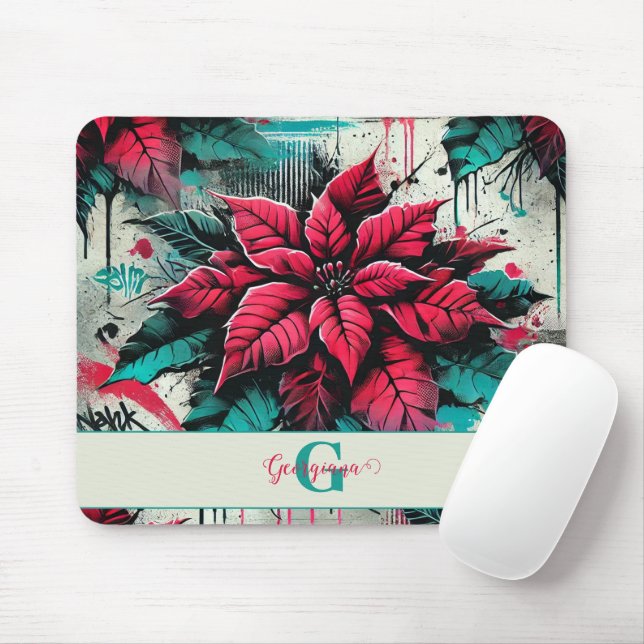 Personalised Grungy Poinsettia Floral Graffiti Mouse Pad (With Mouse)