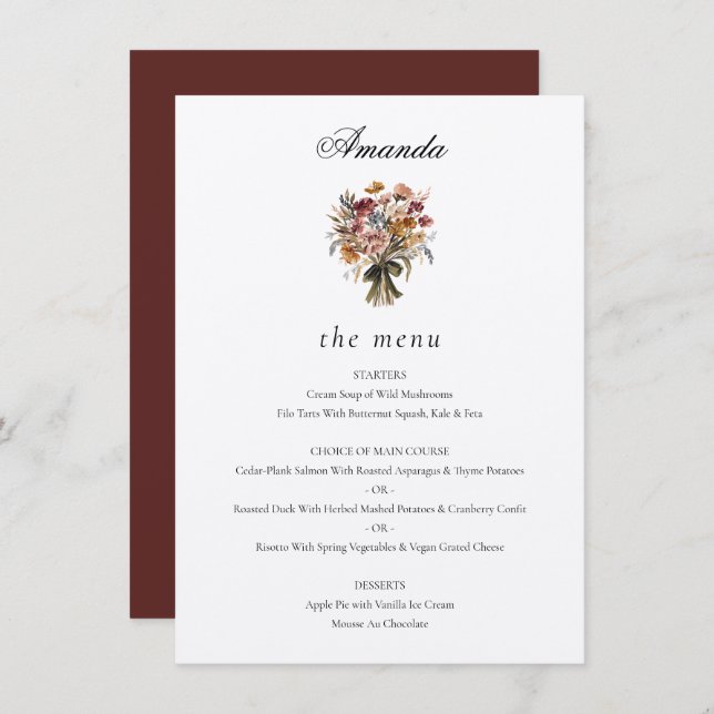 Personalised Guest Name Fall Flowers Wedding Menu (Front/Back)