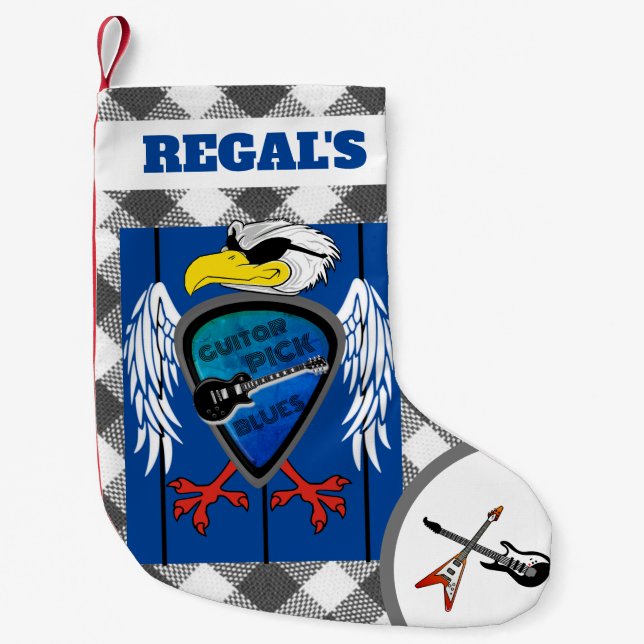 Personalised Guitar Pick Blues Regal Eagle Small Christmas Stocking (Front)