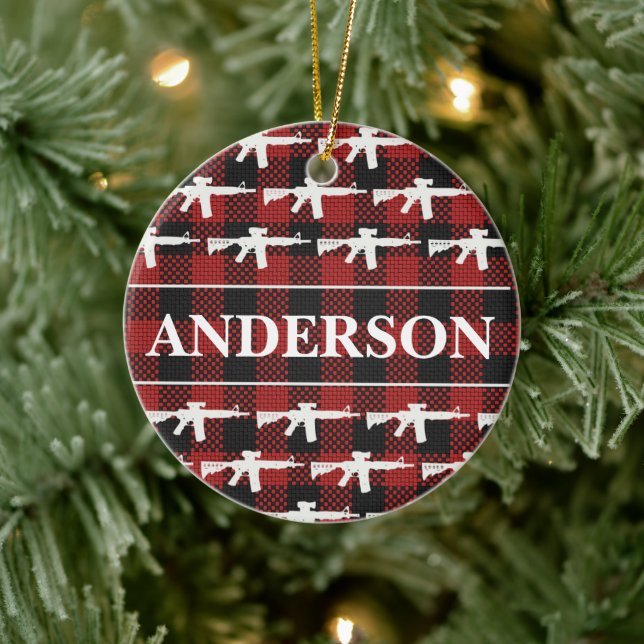 Personalised Gun Owner Plaid AR-15 Christmas Ceramic Ornament (Tree)