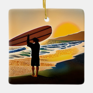 Personalised Guy on Beach with Surf Board Sunset Ceramic Ornament