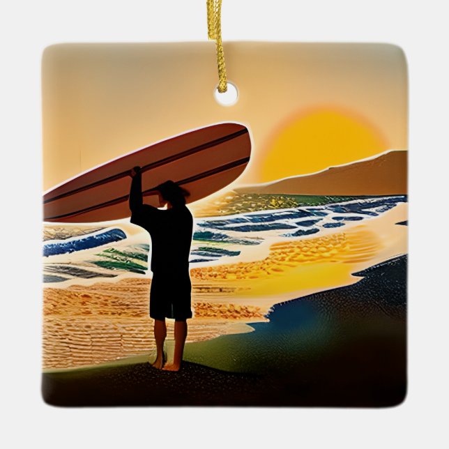 Personalised Guy on Beach with Surf Board Sunset Ceramic Ornament (Front)