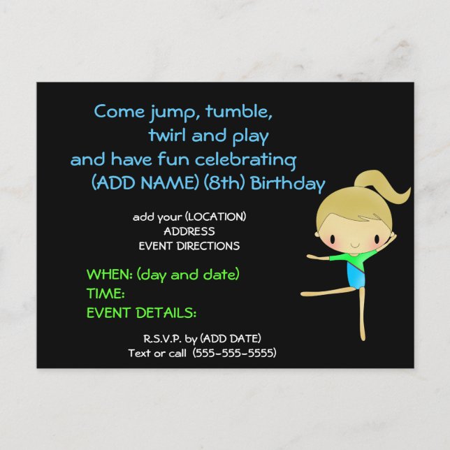 Personalised Gymnastics Party invitations (Front)