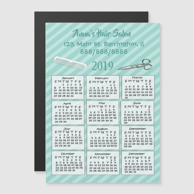 Personalised Hair Salon Mini Calendar Magnet 2019 (Front/Back)