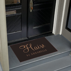 Personalised hair salon name copper gold black doormat
